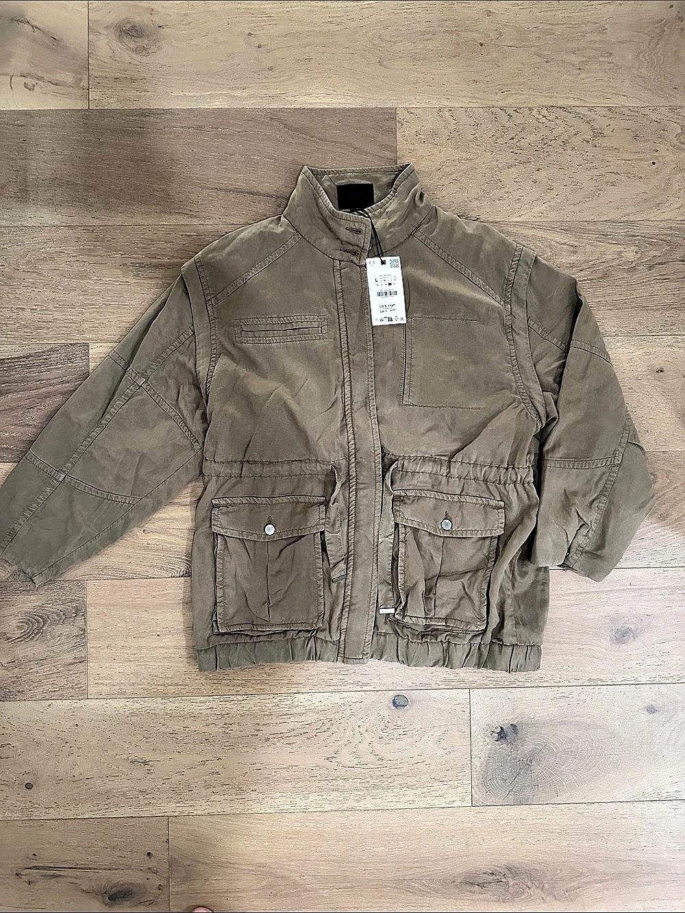 Zara High Collar Taupe Lined Light Jacket with Elastic Hem And Drawstring Waist